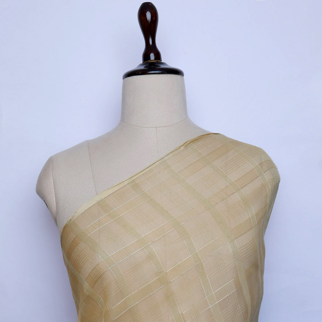 Pastel Beige Color Organza Fabric With Checks Pattern