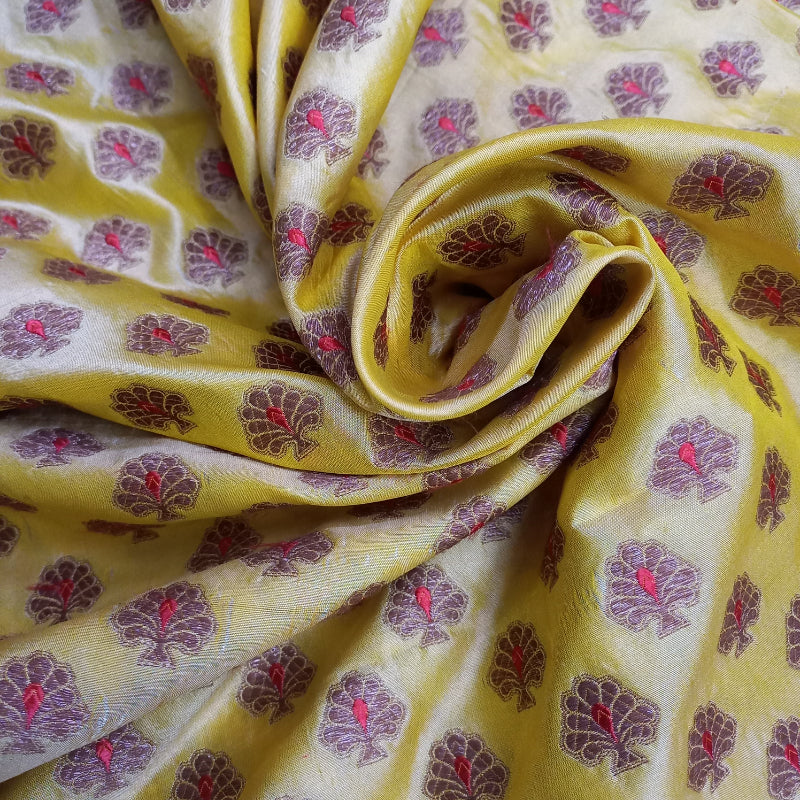 Brass-Yellow Colour Floral Brocade Silk Fabric