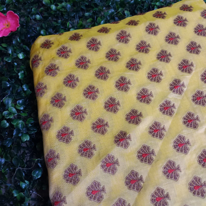 Brass-Yellow Colour Floral Brocade Silk Fabric