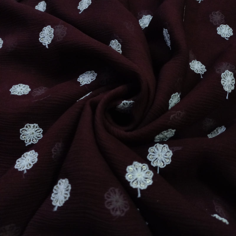 Mahogany Red Color Chiffon Emboridery Fabric