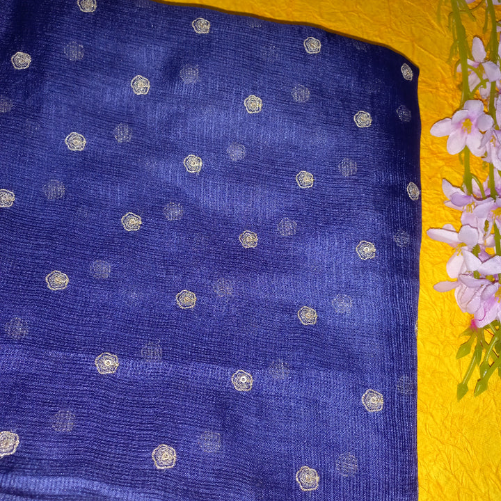 Royal Blue Color Kota Silk Fabric With Emboridery