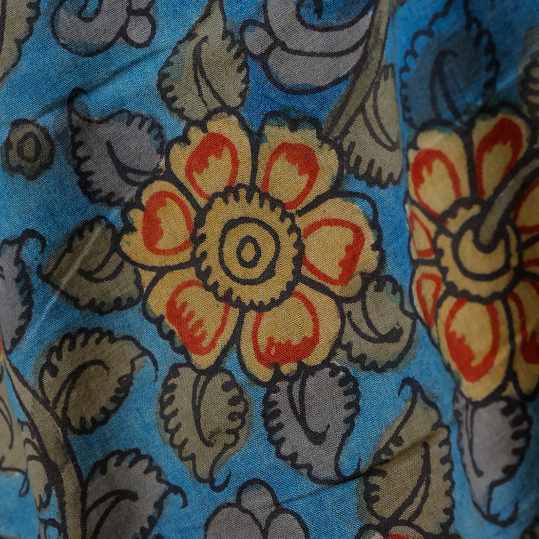 Blue Color Dupion Silk Fabric With Floral Pattern
