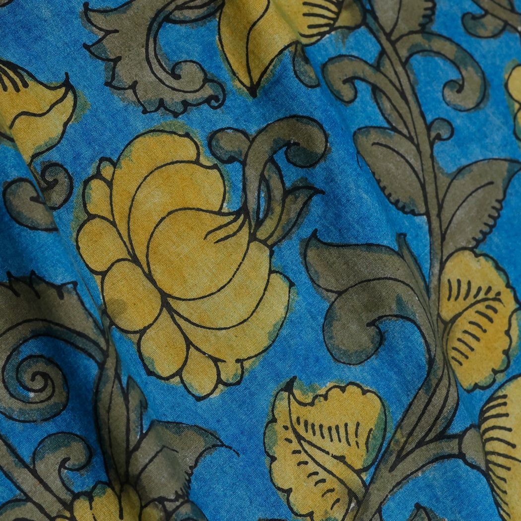 Azure Blue Color Dupion Silk Fabric With Floral Pattern