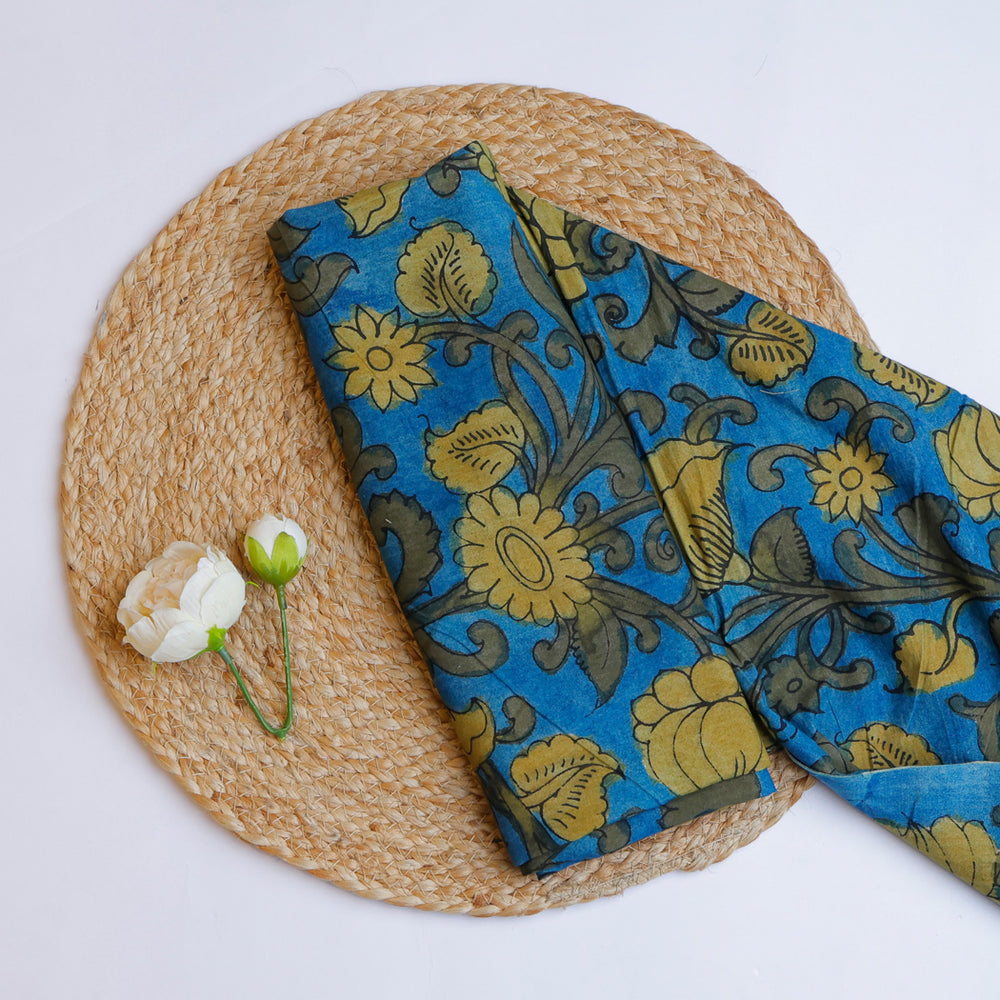 Azure Blue Color Dupion Silk Fabric With Floral Pattern
