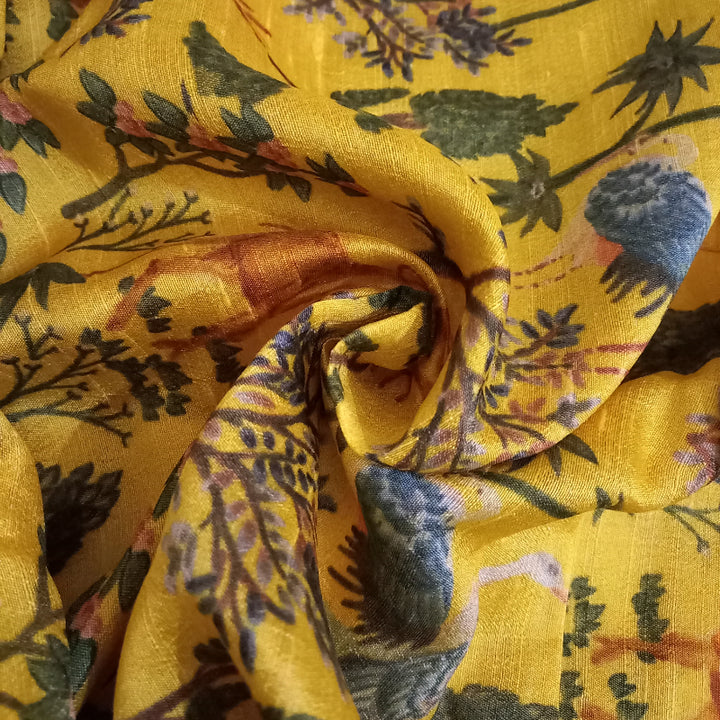 Mustard Yellow Color Floral Printed Raw Silk Fabric