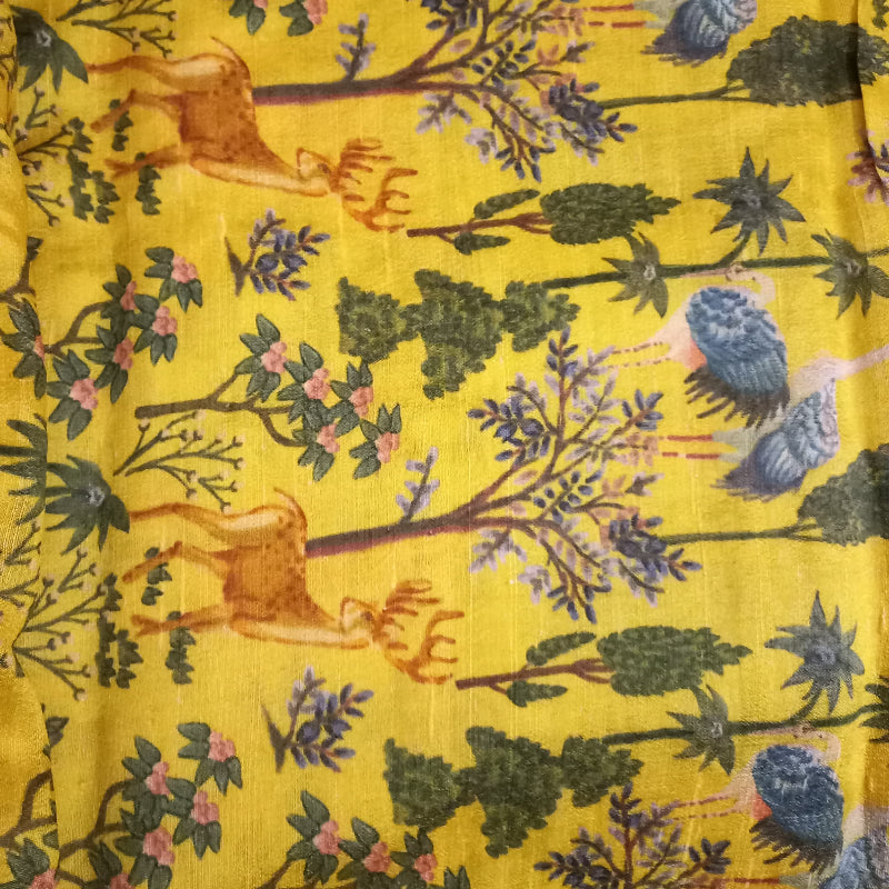 Mustard Yellow Color Floral Printed Raw Silk Fabric