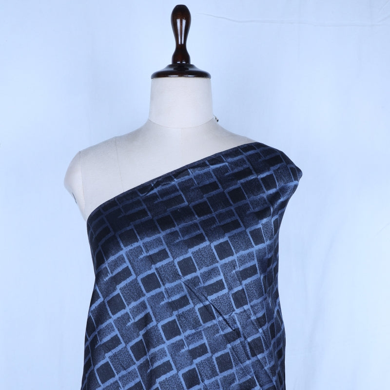 Denim Blue Color Jamavar Silk Fabric With Geometric Pattern