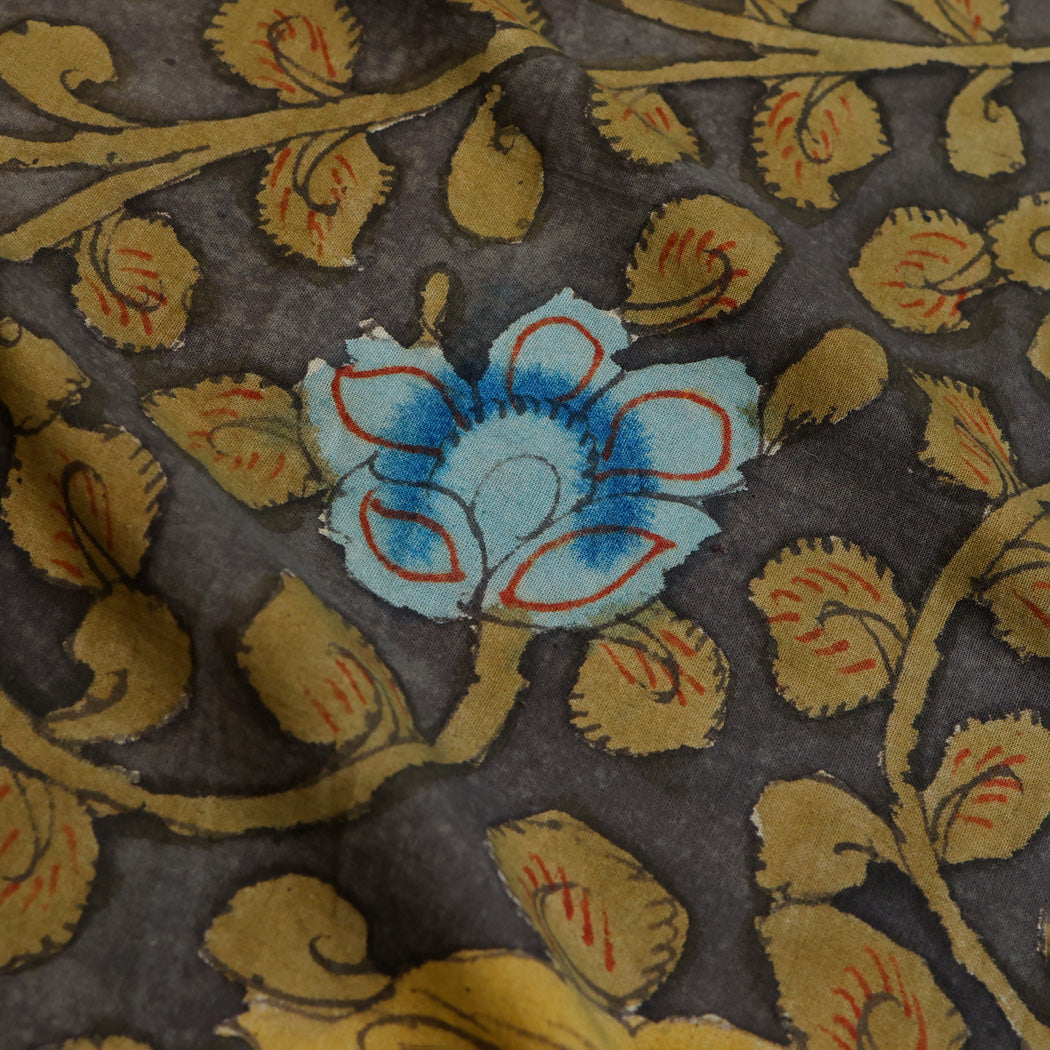 Earthy Grey Color Cotton Fabric With Kalamkari Motif Pattern