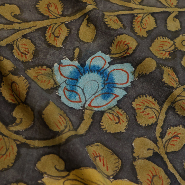 Earthy Grey Color Cotton Fabric With Kalamkari Motif Pattern