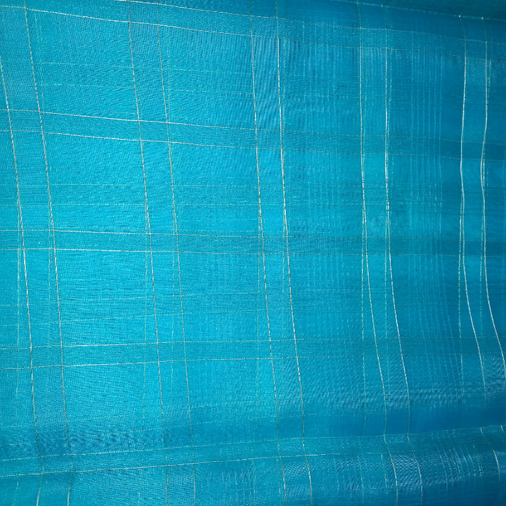 Sky Blue Colour Fabric With Gold Checks