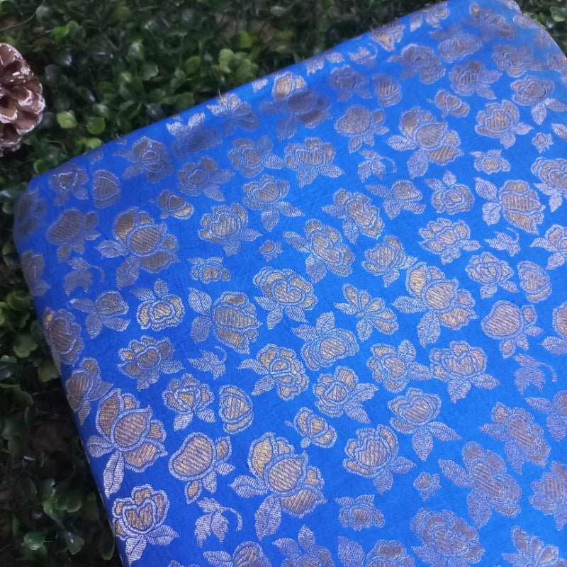 Azure Blue Colour Jamawar Silk Fabric With Floral Buttas