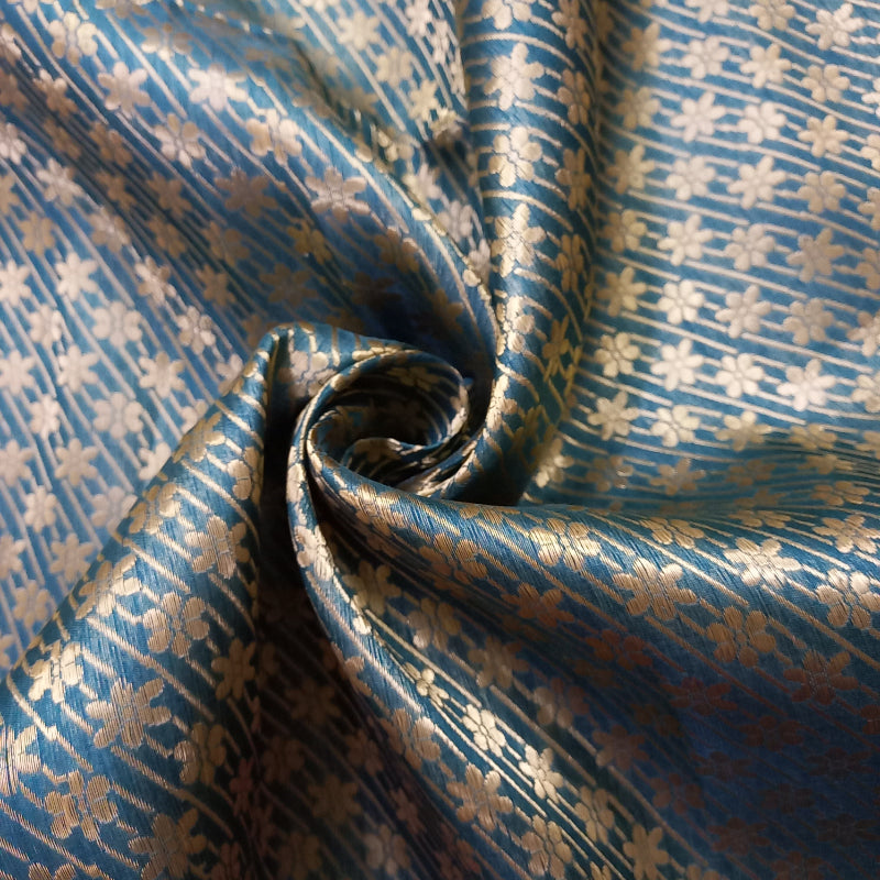 Deep Peacock Blue Brocaded Jamawar Fabric