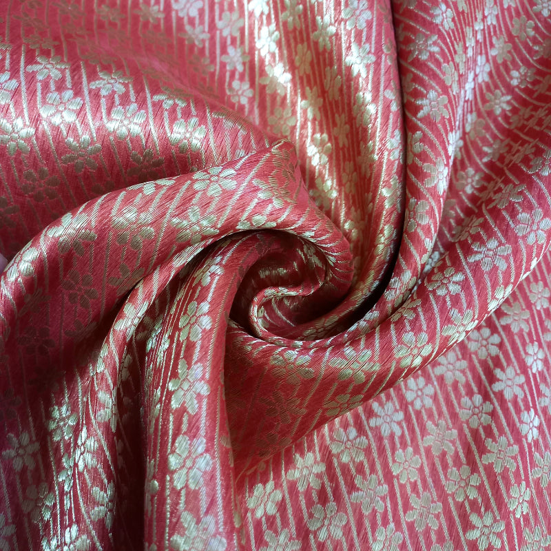 Coral Red Colour Jamawar Silk Fabric With Floral Buttas