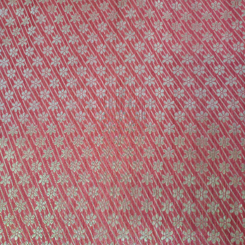 Coral Red Colour Jamawar Silk Fabric With Floral Buttas