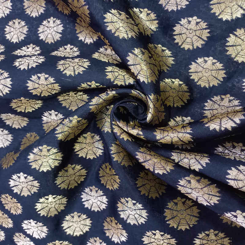 Dark Sapphire Blue Jamawar Silk Fabric With Floral Buttas
