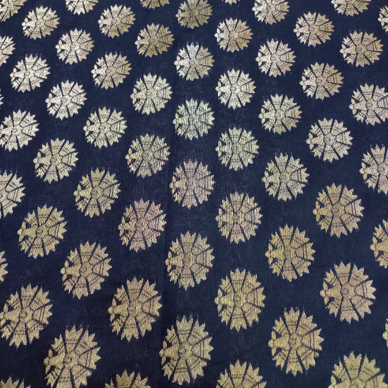 Dark Sapphire Blue Jamawar Silk Fabric With Floral Buttas