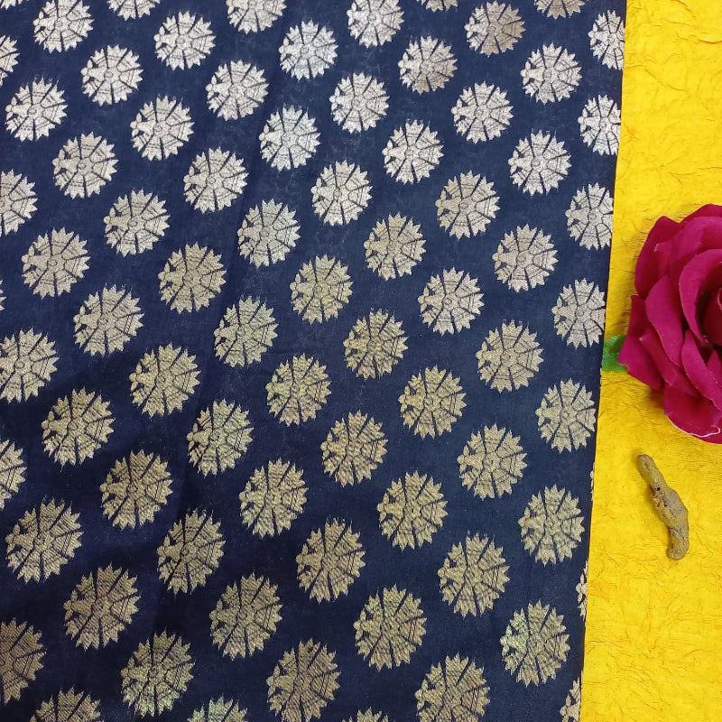 Dark Sapphire Blue Jamawar Silk Fabric With Floral Buttas