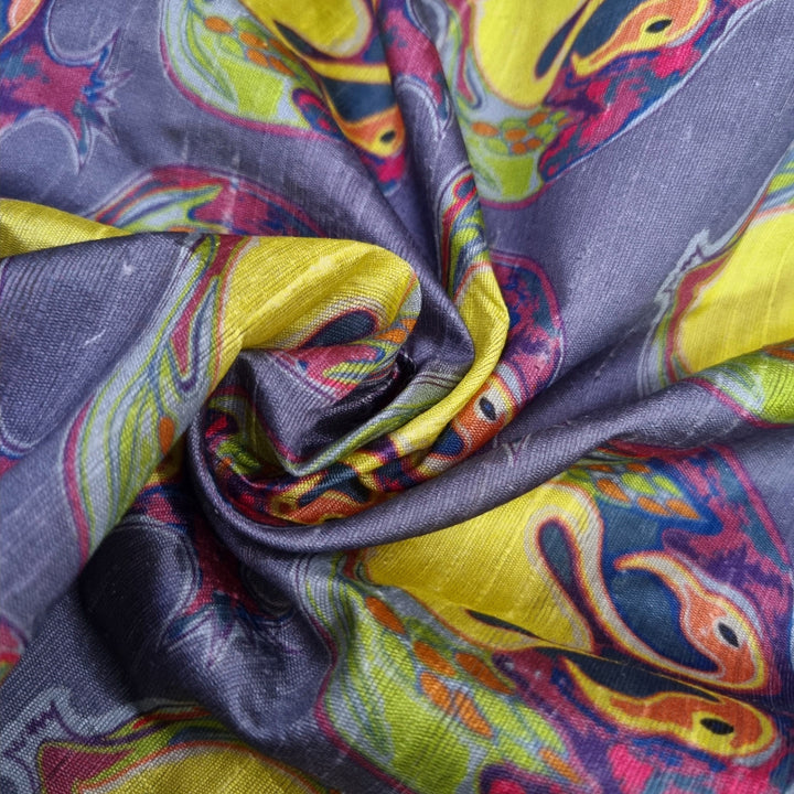 Gray Color Printed Dupion Silk Fabric