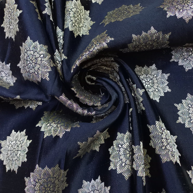 Dark Denim Blue Color Mushroom Silk Fabric With Floral Buttas