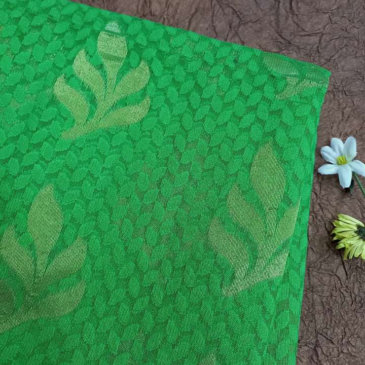 Green Color Self Designed Soft Net Fabric With Golden Zari Woven Butta