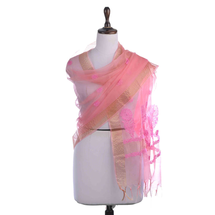 Salmon Pink Organza Embroidery Dupatta