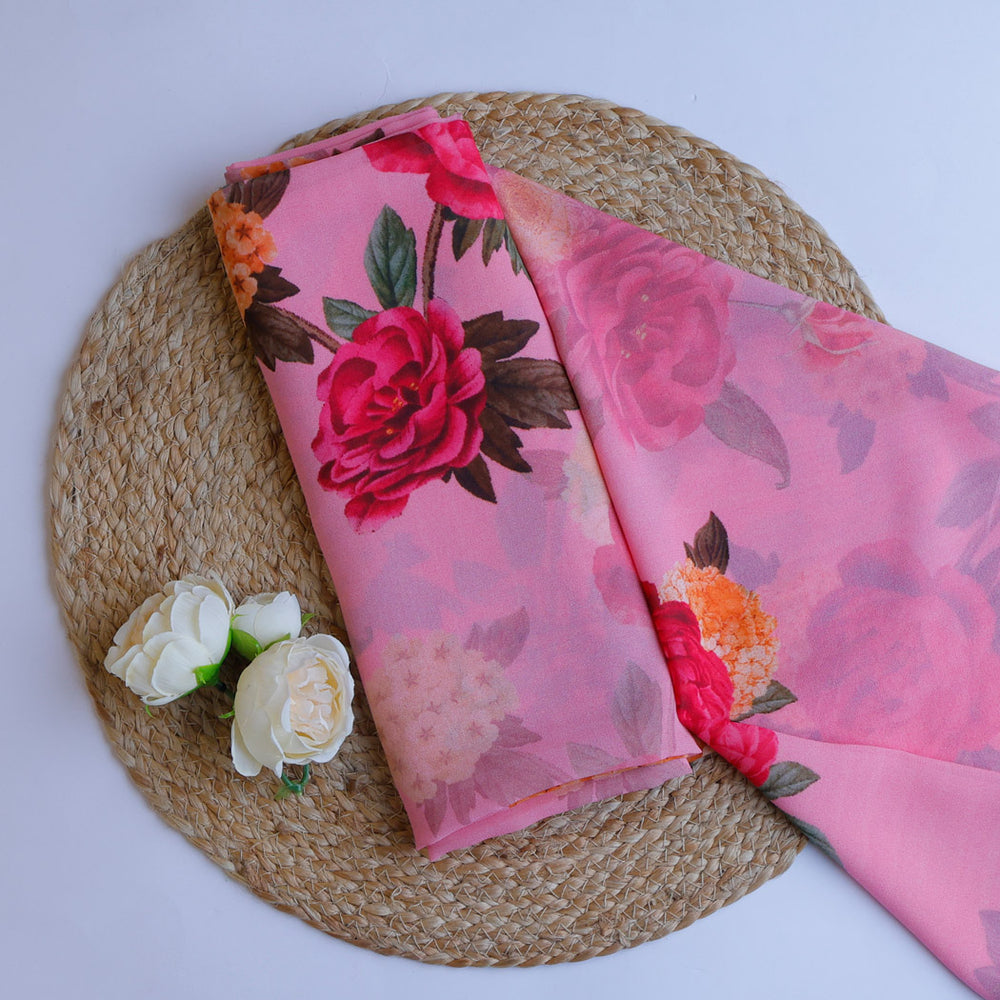 Pastel Pink Color Georgette Fabric With Floral Printed Pattern