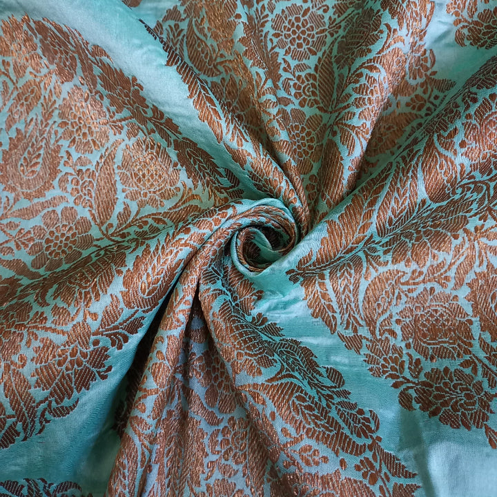 Electric Blue Jamawar Banarasi Fabric With Floral Motifs