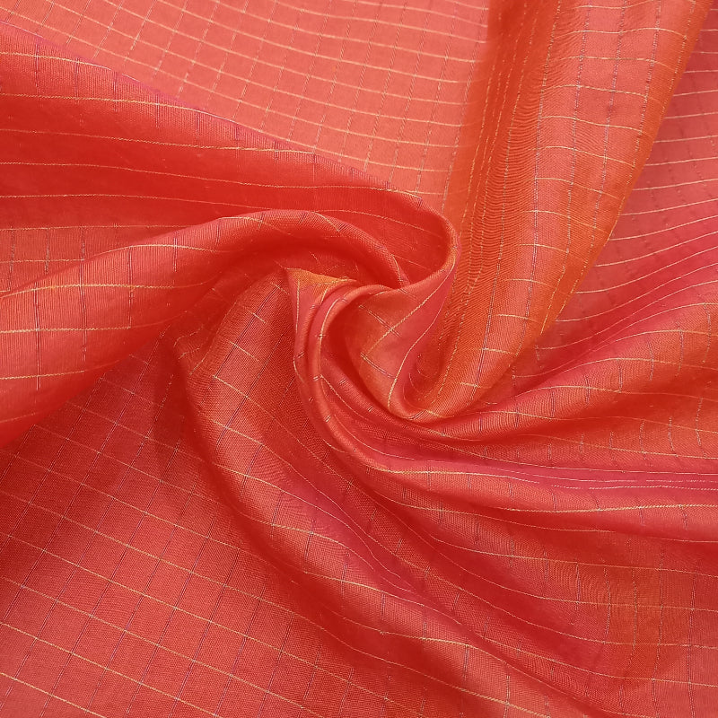 Fire Orange Colour Checked Silk Fabric