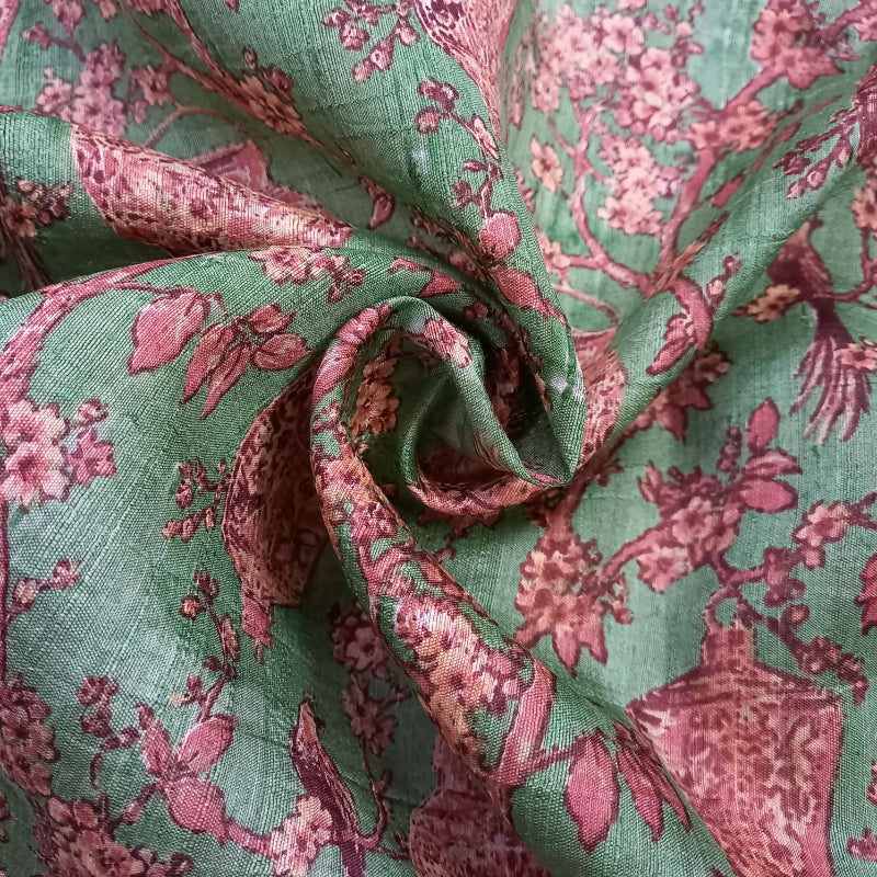 Sea Form Green Color Sabya Printed Raw Silk Fabric
