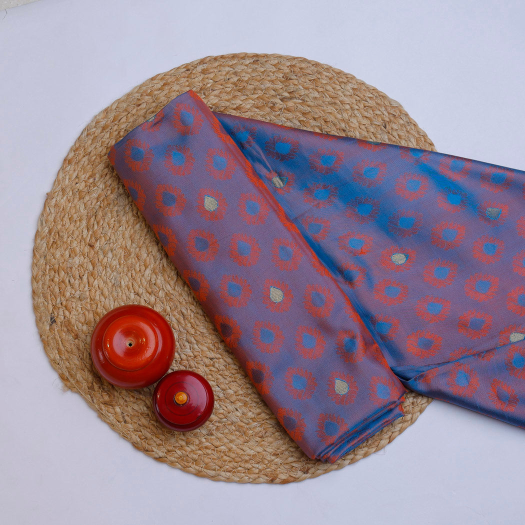 Blue Red Color Silk Fabric With Floral Buttis