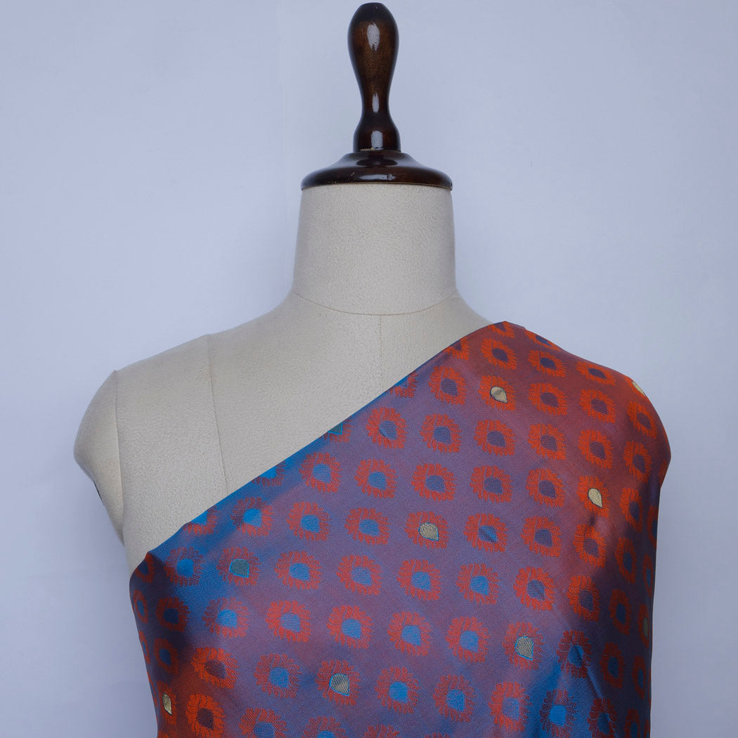 Blue Red Color Silk Fabric With Floral Buttis