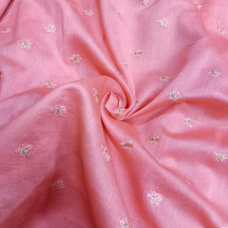 Flamingo Pink Color Chanderi Floral Emboridery Fabric
