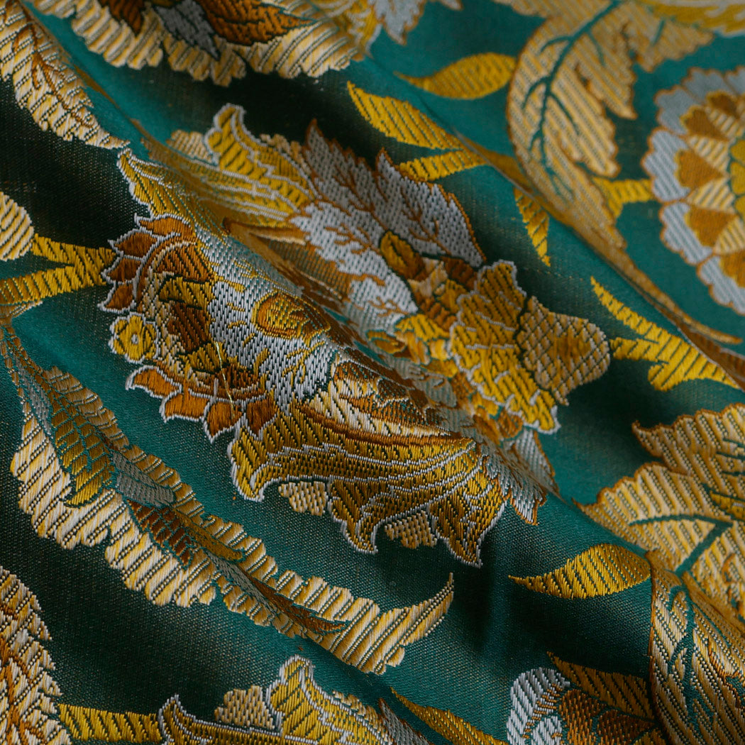 Dark Green Color Satin Silk Fabric With Floral Pattern