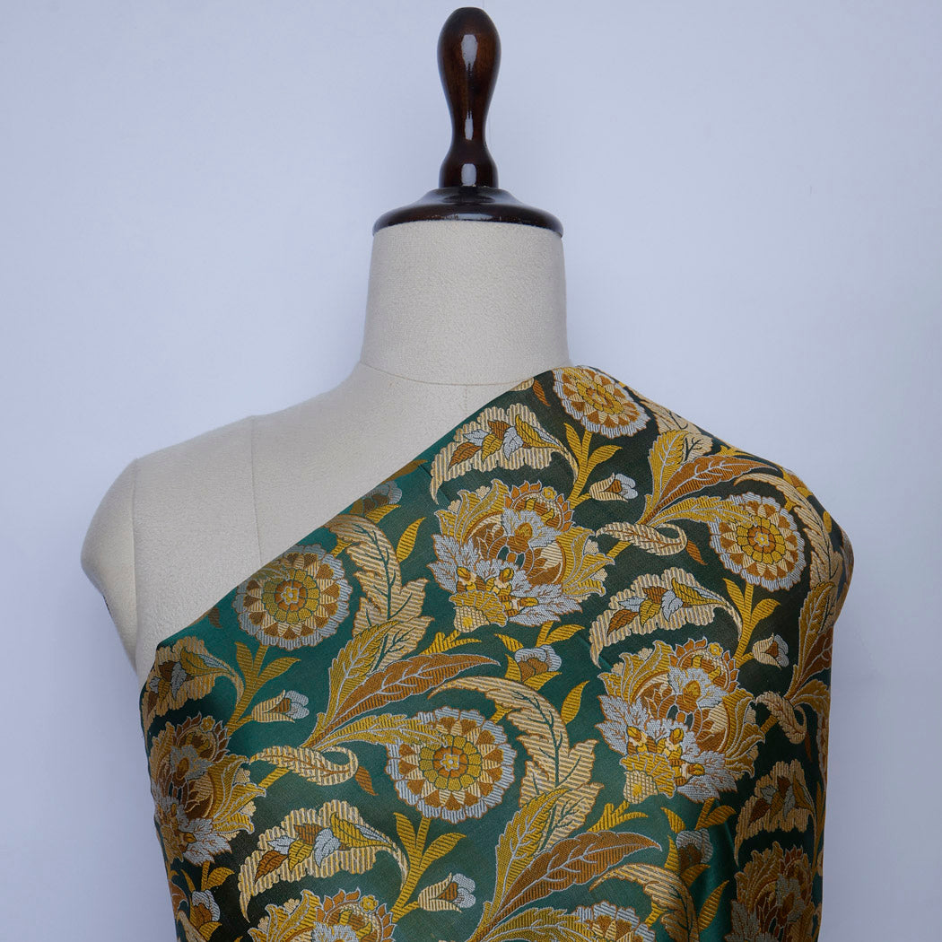 Dark Green Color Satin Silk Fabric With Floral Pattern