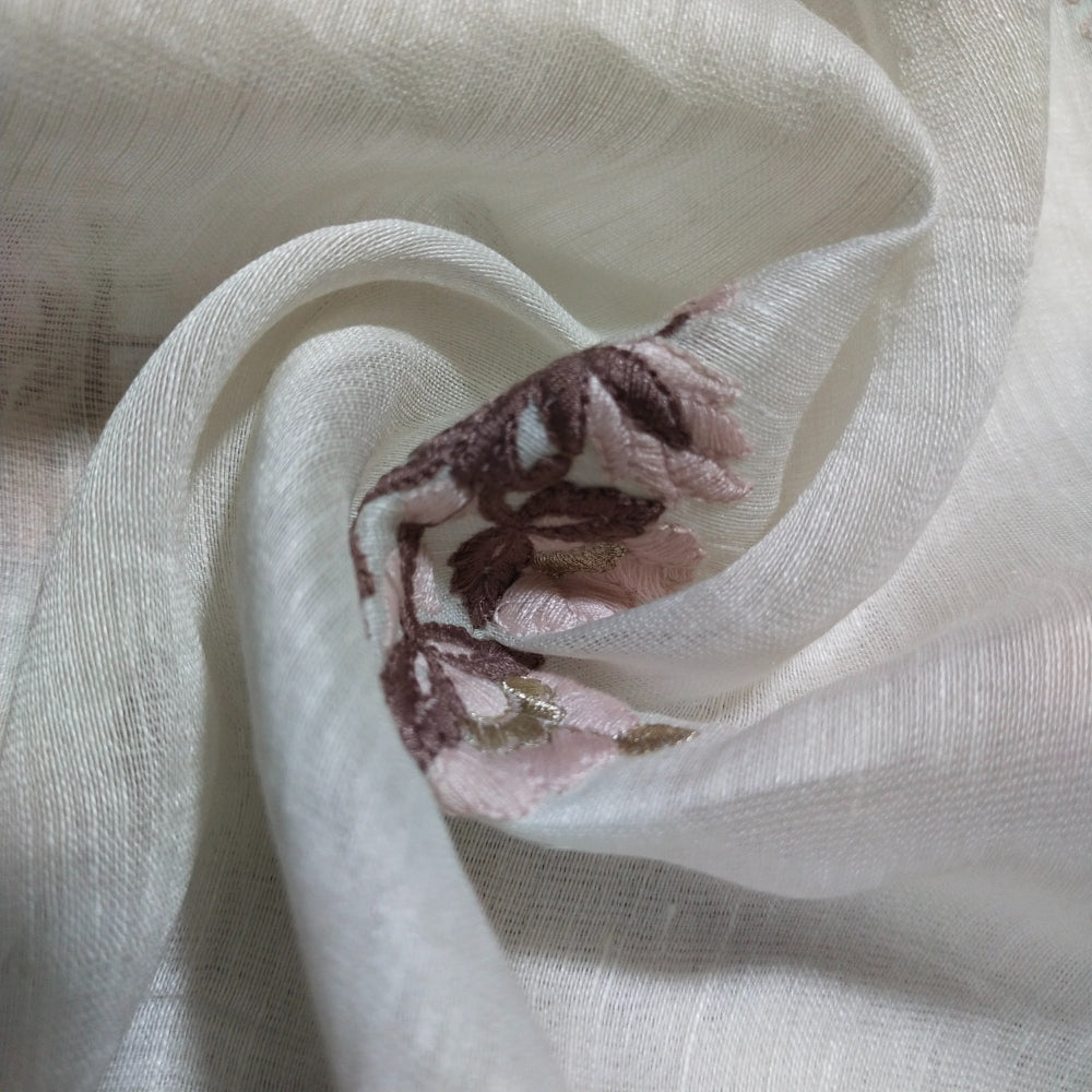 White Floral-Butta Thread And Zari Embroidered Linen Fabric