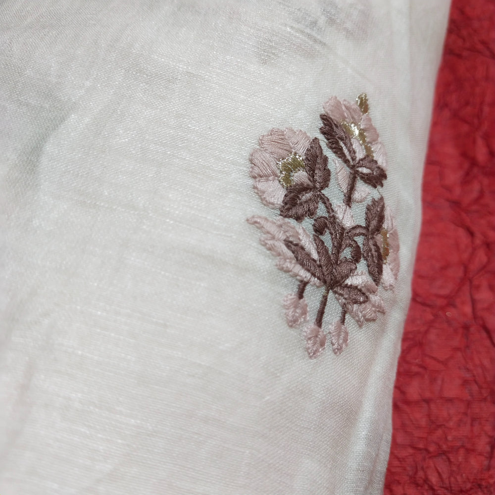 White Floral-Butta Thread And Zari Embroidered Linen Fabric