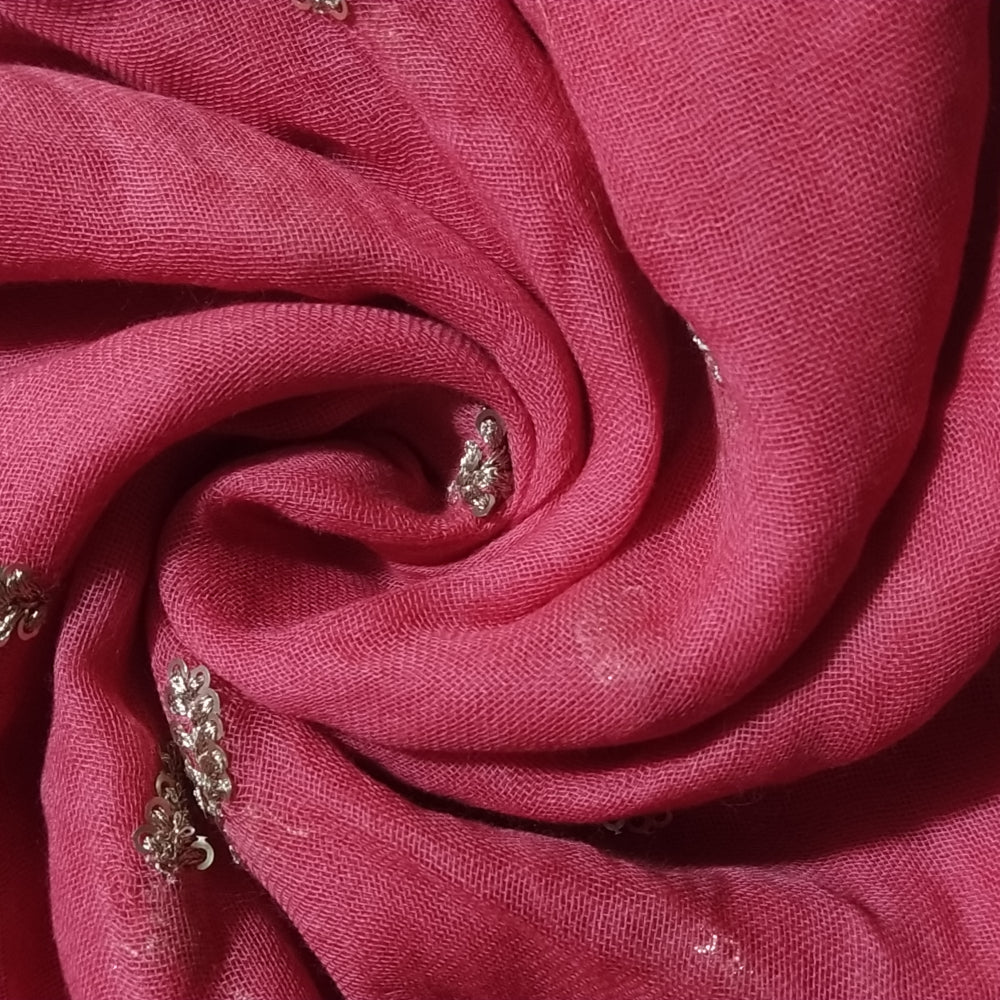 Cerise Pink Color Sequins Buta Work Embroidered Cotton Fabric