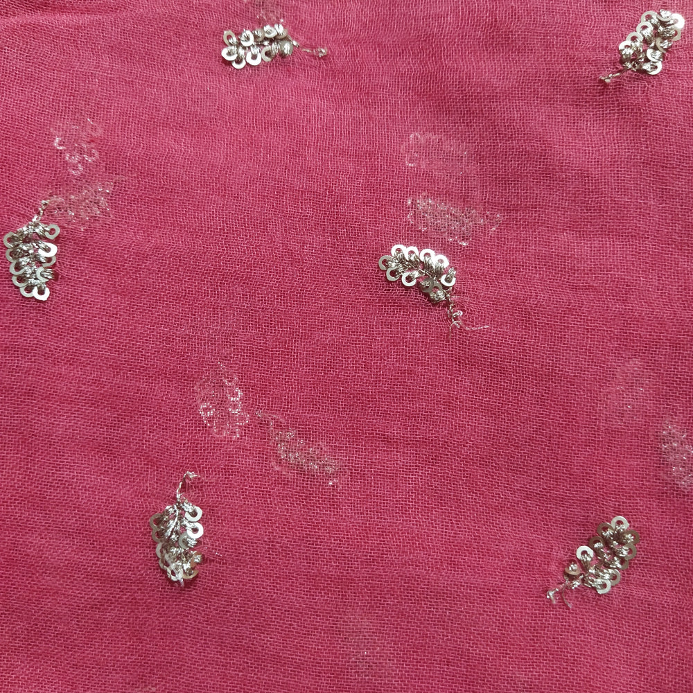 Cerise Pink Color Sequins Buta Work Embroidered Cotton Fabric