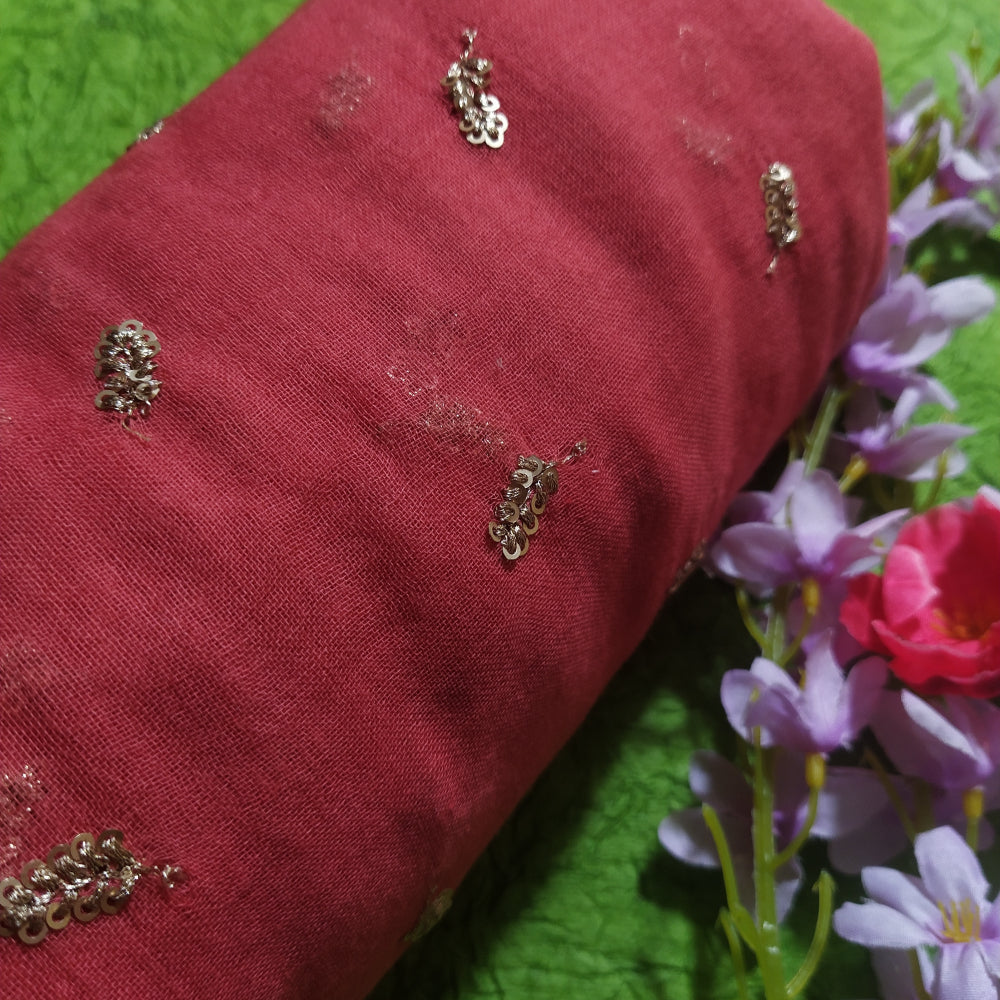 Cerise Pink Color Sequins Buta Work Embroidered Cotton Fabric