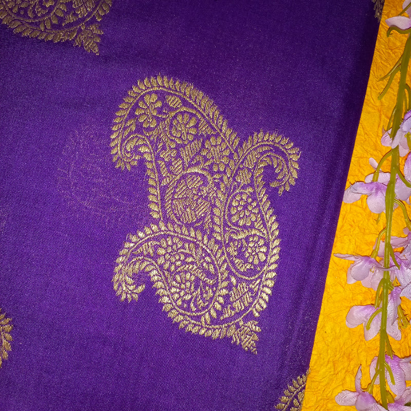 Violet Colour Jamawar Silk Fabric With Floral Paisly Buttas