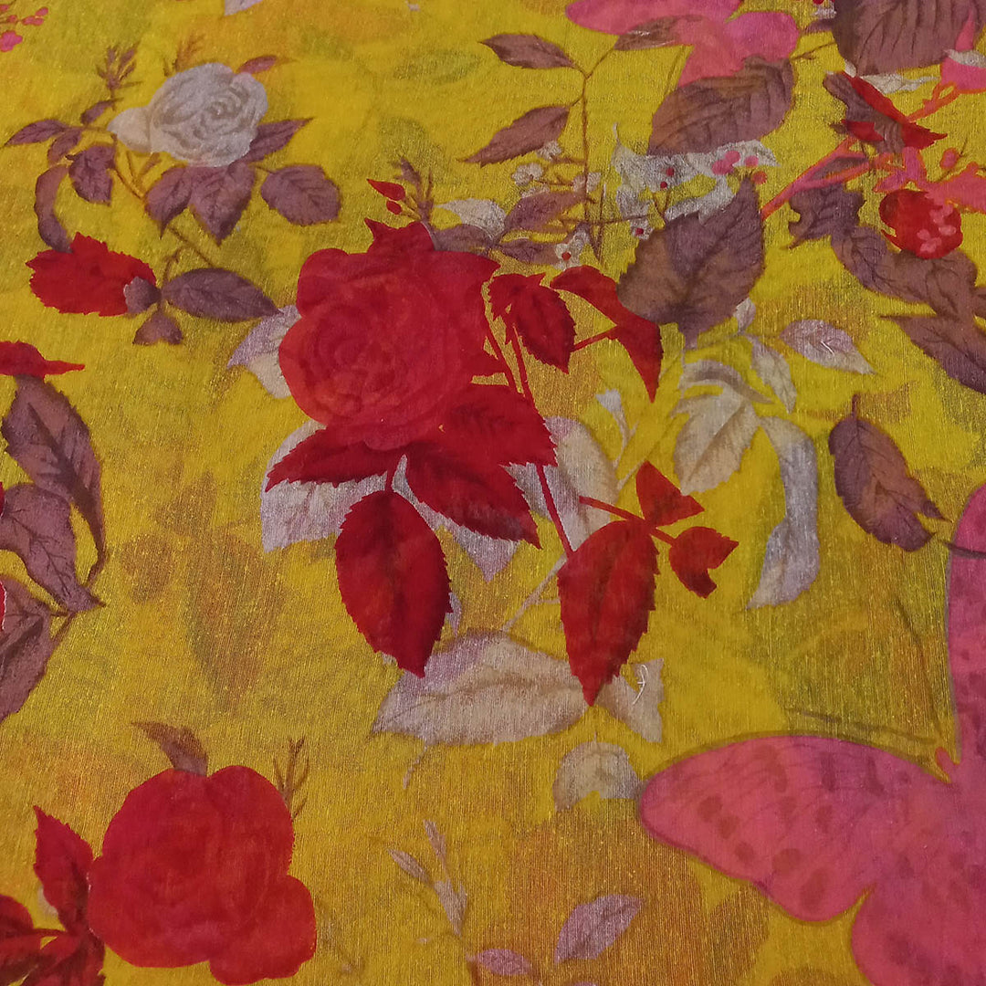 Yellow Color Silk Fabric With Colorful Floral Motifs