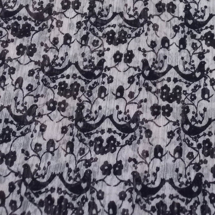Pastel White Color Silk Fabric With Floral And Bird Design