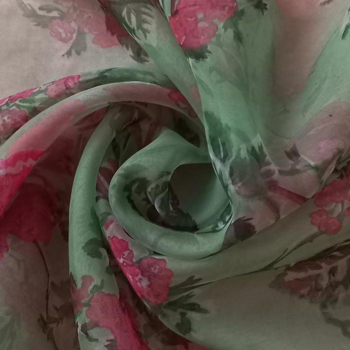 Pastel Green Color Silk Fabric With Floral Printed Motifs