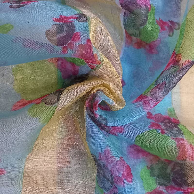 Blue Color Floral Printed Organza Fabric With Border