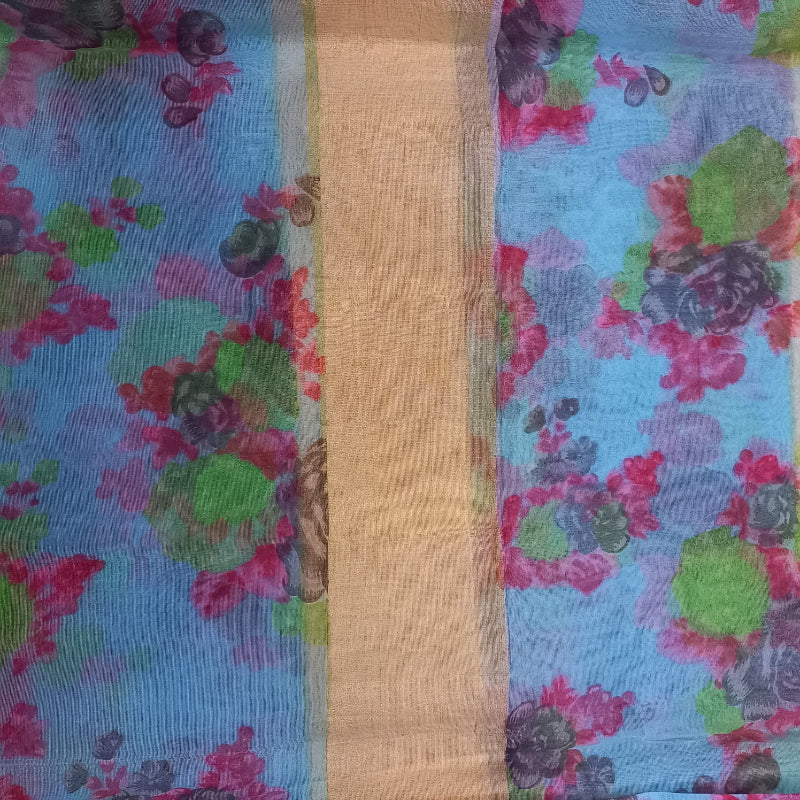 Blue Color Floral Printed Organza Fabric With Border