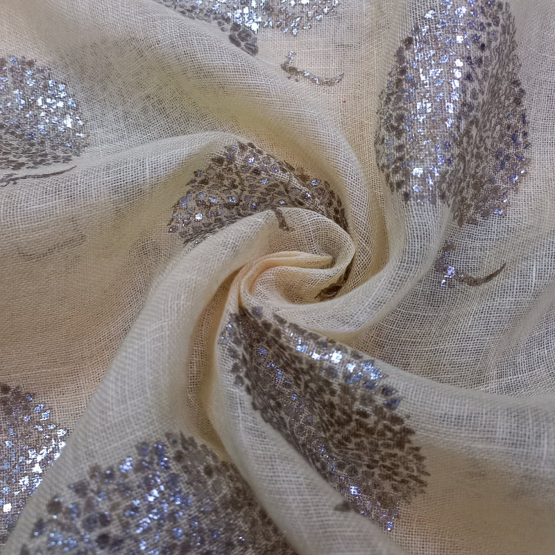 Cream Color Foil Printed Linen Fabric