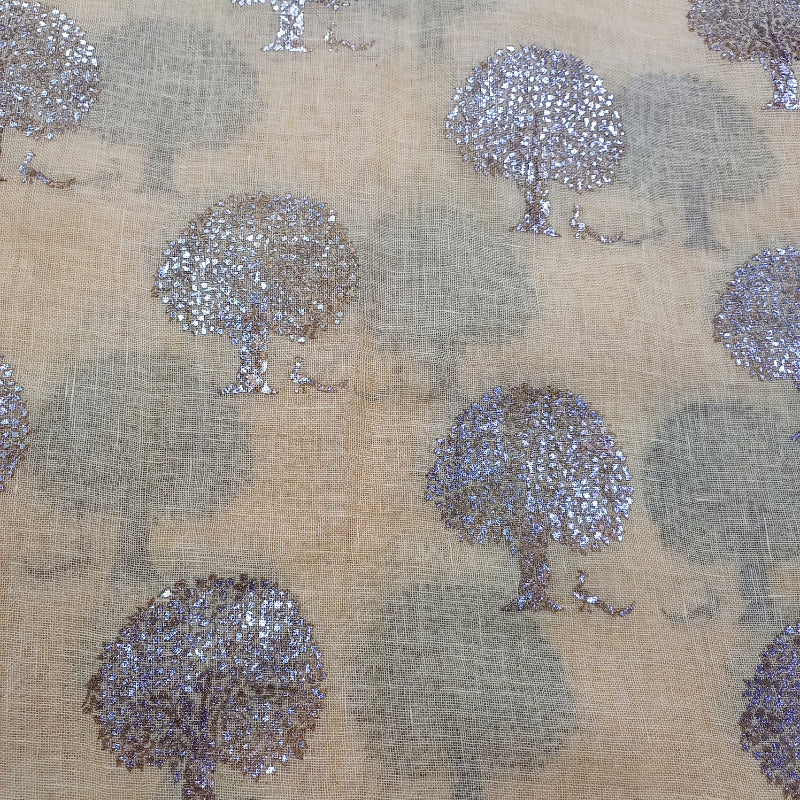 Cream Color Foil Printed Linen Fabric