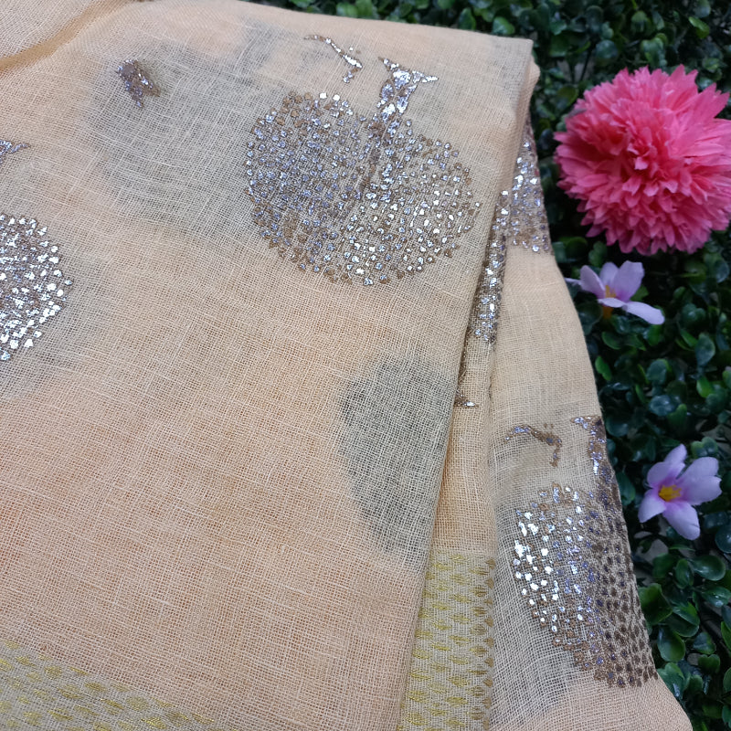 Cream Color Foil Printed Linen Fabric