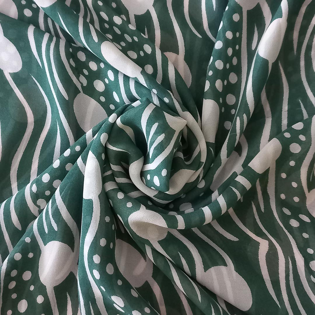 Teal Green Color Georgette Fabric With Printed Motifs