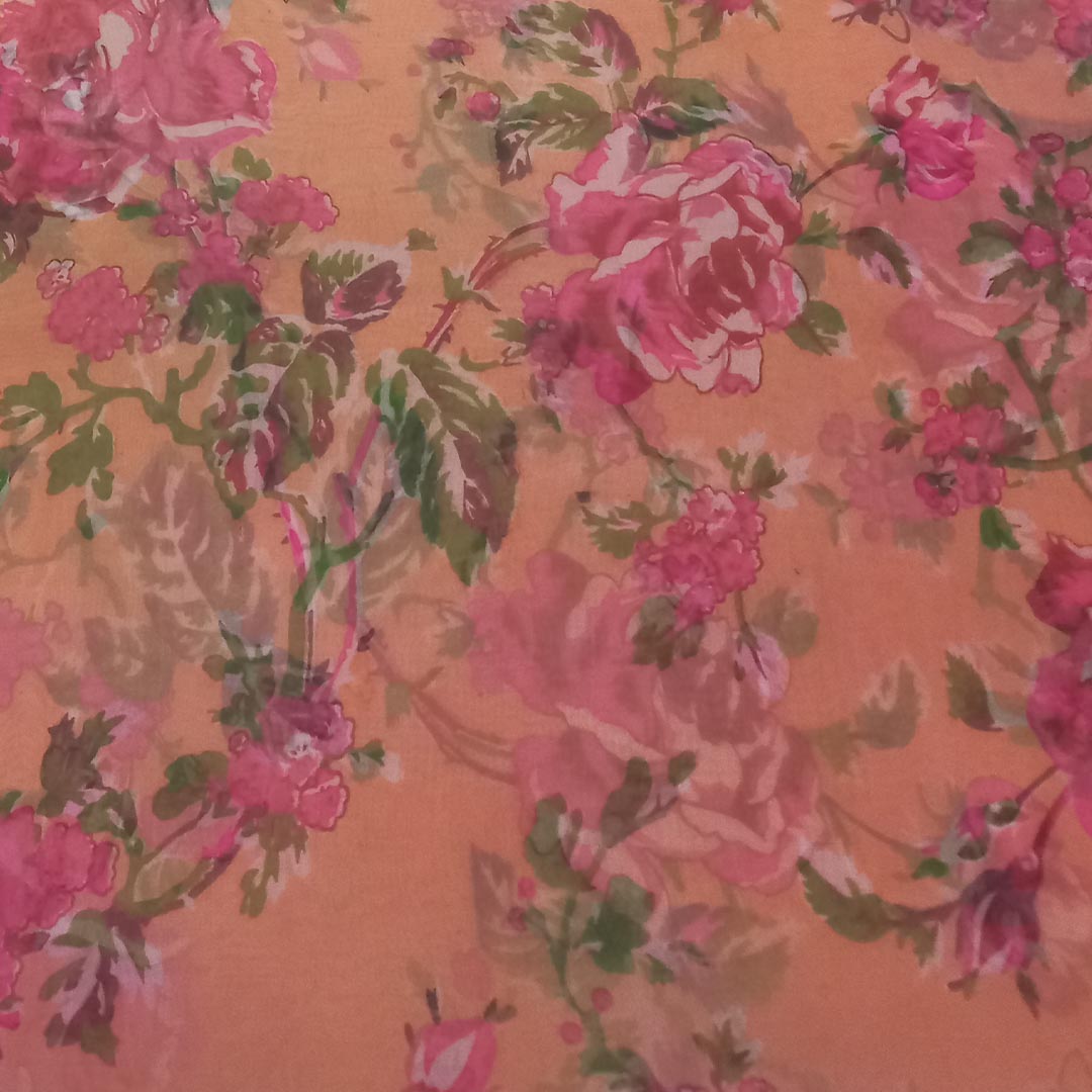 Bright Orange Color Silk Fabric With Floral Motif Pattern